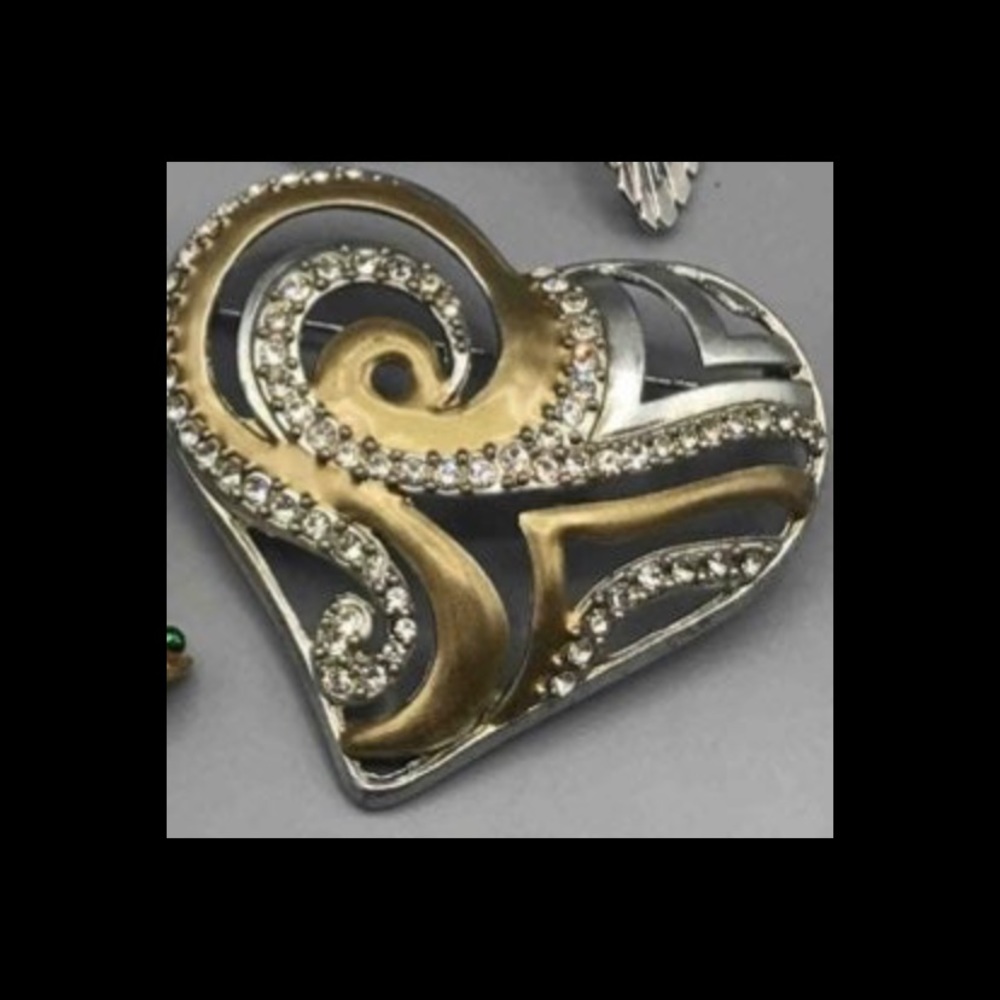 Chicos gold & silver tone heart brooch with rhinestones